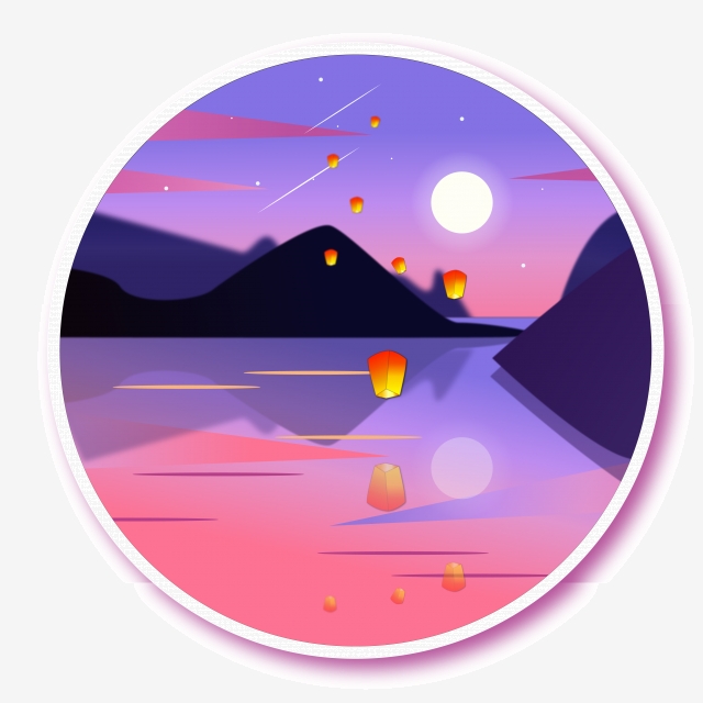 640x640 March Simple Mountain River Starry Sky Lantern Vector Illustration