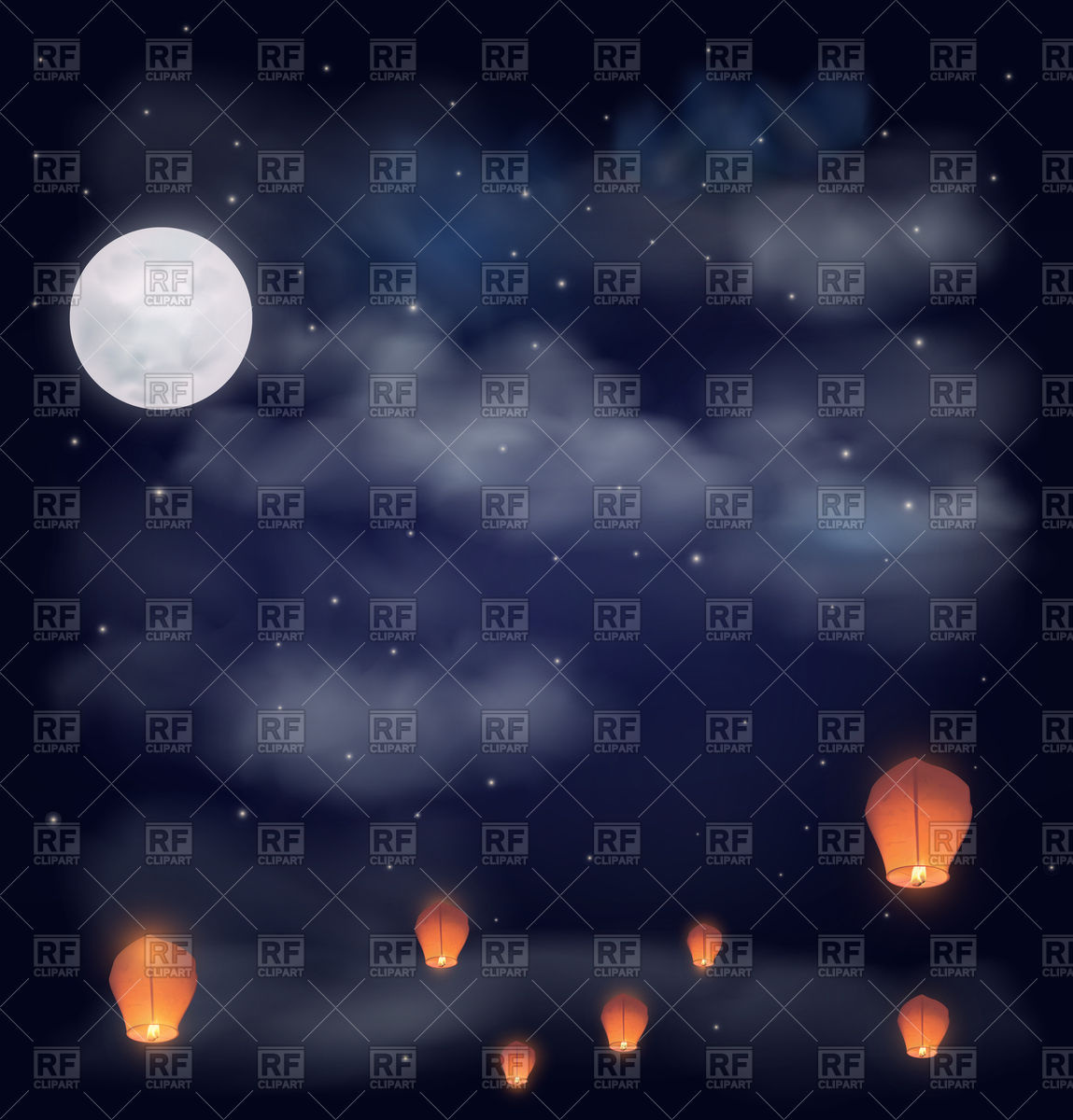 1149x1200 Night Sky With Moon, Stars And Chinese Wish Lanterns Vector Image