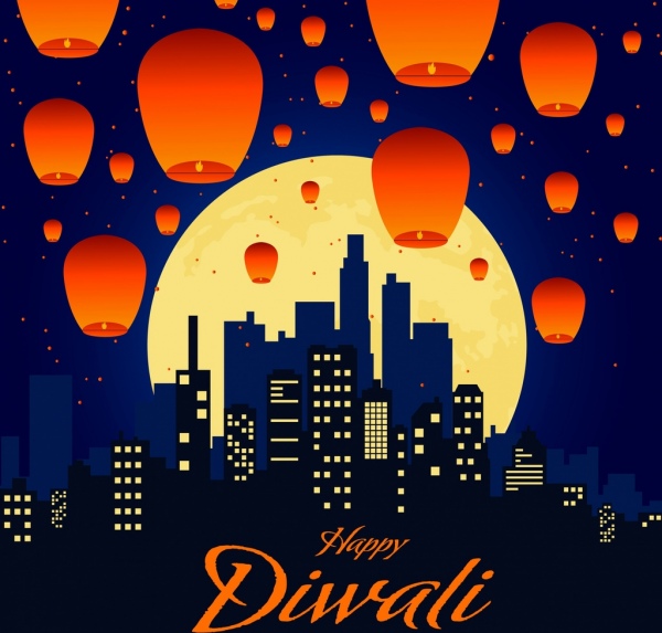 600x573 Celebration Banner Flying Lantern Cityscape Night Moon Decor Free
