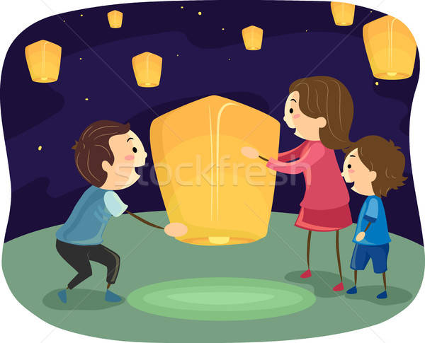 600x485 Stickman Family Flying Lantern Vector Illustration Lenm