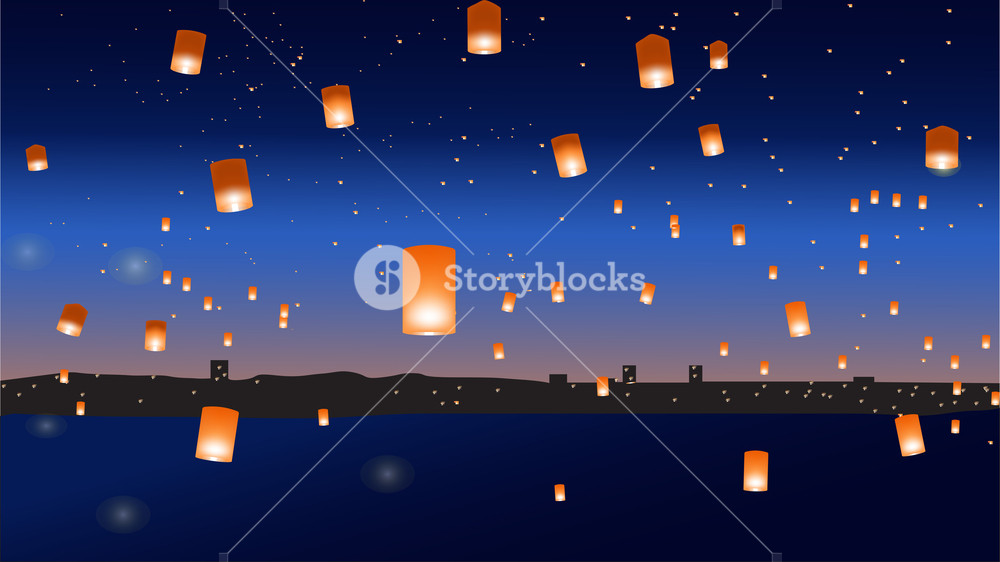 1000x562 Vector Illustration With Chinese Lanterns Over The City Royalty