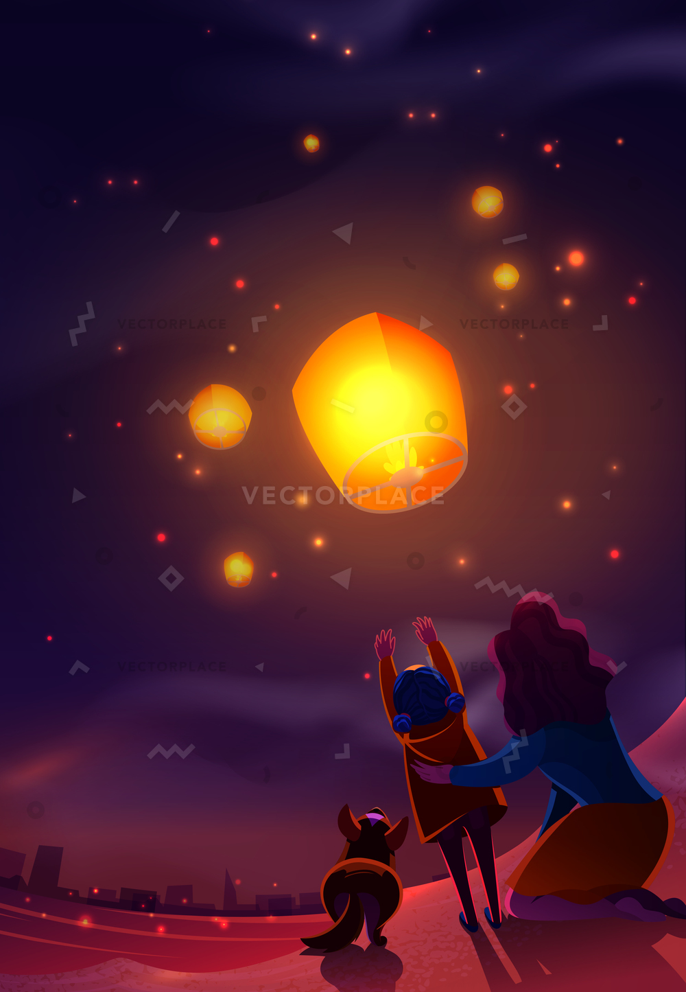 1000x1445 Family Watching Flying Lanterns Dark Summer Vector Illustration