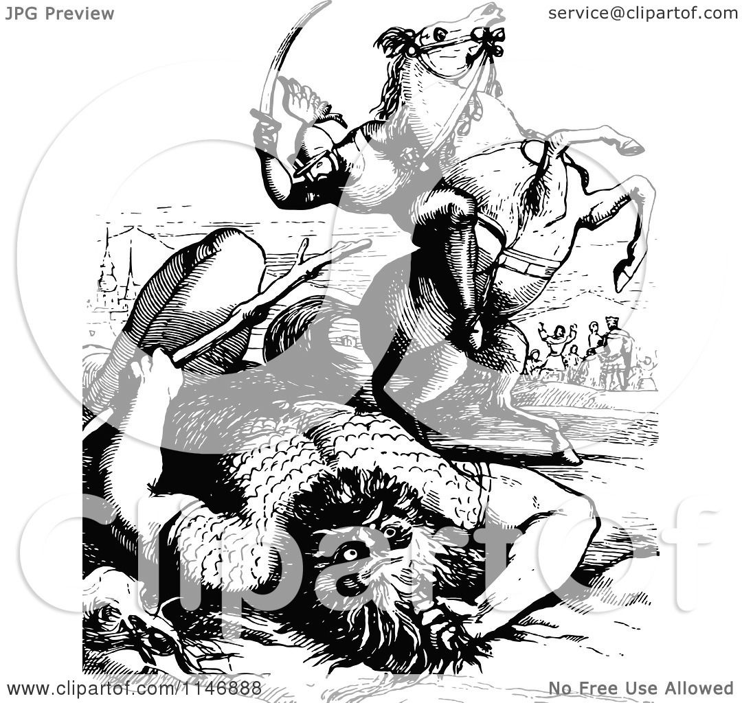 1080x1024 Clipart Of A Retro Vintage Black And White Horseback Giant Slayer