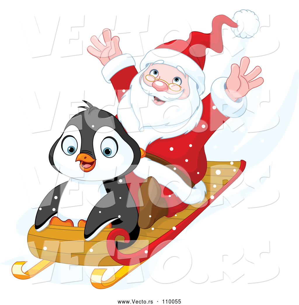 1024x1044 Vector Of Cartoon Cute Penguin And Santa Going Downhill On A Sled