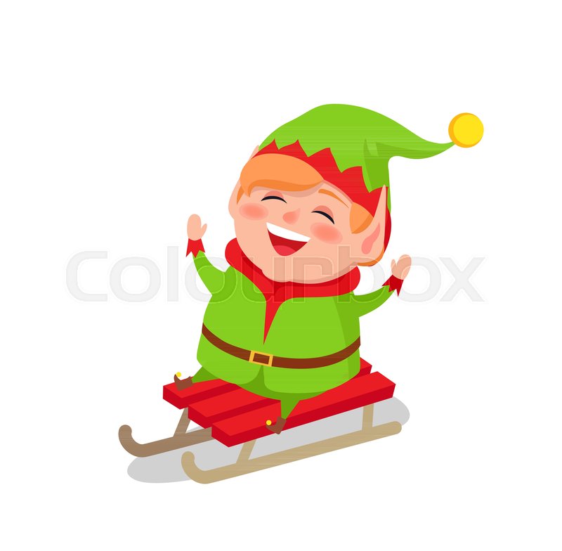 800x784 Happy Elf Riding On Sleigh Vector Stock Vector Colourbox