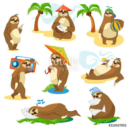 500x500 Set Of Cute Cartoon Sloth Characters Isolated On White Background