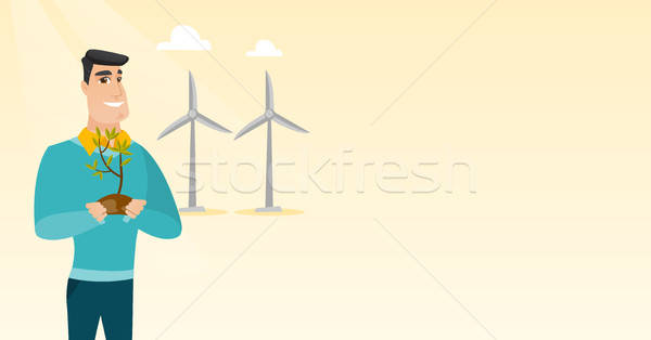 600x314 Man Holding Small Plant Vector Illustration Vector Illustration