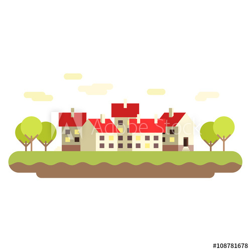 Small Town Vector Flat Illustration Buildings Background 500x500 Small Town Vector Flat Illustration Buildings Background