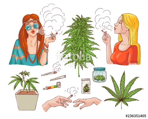 500x401 Vector Cannabis Smoking Sketch Collection Hippie Girl With Weed