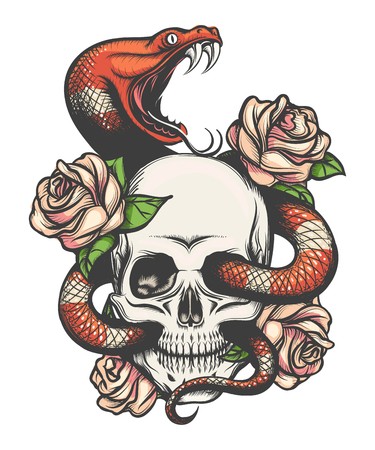 375x450 Colorful Tattoo Design With Skull, Roses And Snake Vector