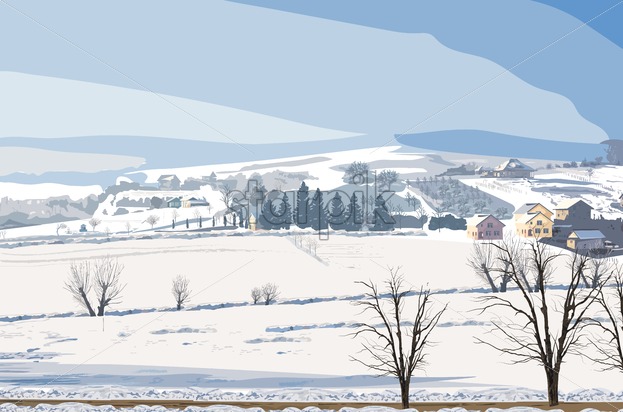 623x412 Winter Rural Landscape Vector Small Village And Lot Of Snow