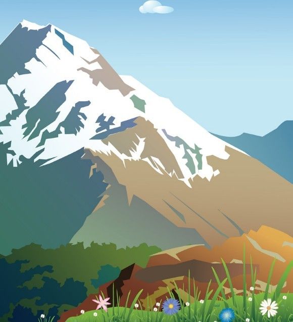 580x636 Free Forests And Snow Capped Mountains Illustration Vector