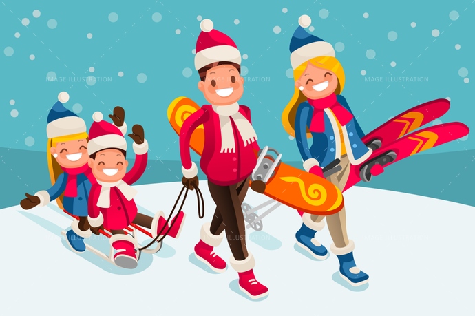 690x459 Family Snow Skiing People Isometric Cartoon Character Vector