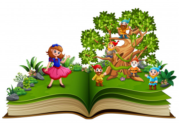 626x433 Open Book With Dwarf Cartoon On The Trees And The Snow White