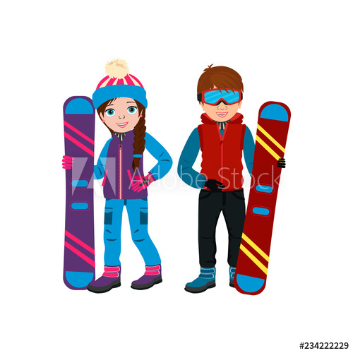 500x500 Cute Smiling Boy And Girl In Winter Clothing And With Snowboard