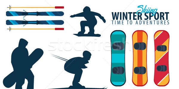 600x300 Winter Sport Collection Ski And Snowboard Vector Illustration