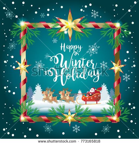 450x470 Happy Winter Holiday Greeting Poster With Santa, Reindeer On Snowy