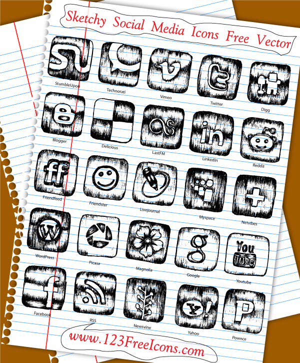 600x725 Sketchy Social Media Icons Free Vector Download Free Vector Art