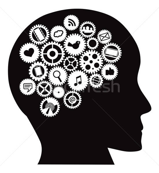 550x600 Machine Gears Human Head With Social Media Symbols Vector