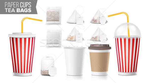 600x337 Realistic Blank Ocher Paper Cups Vector Tea Bags Mock Up Coffee