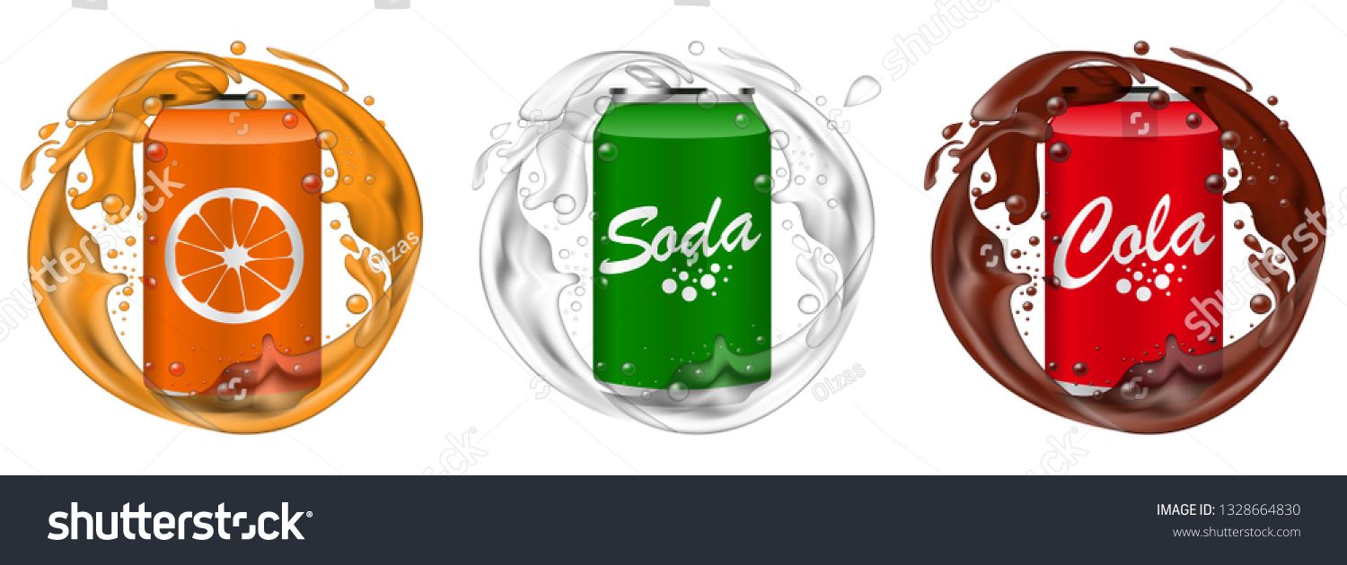 1500x630 Set Of Soft Drinks In Aluminum Cans Splash Soda Vector