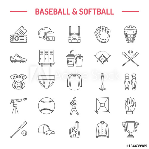 500x500 Baseball, Softball Sport Game Vector Line Icons Ball, Bat, Field