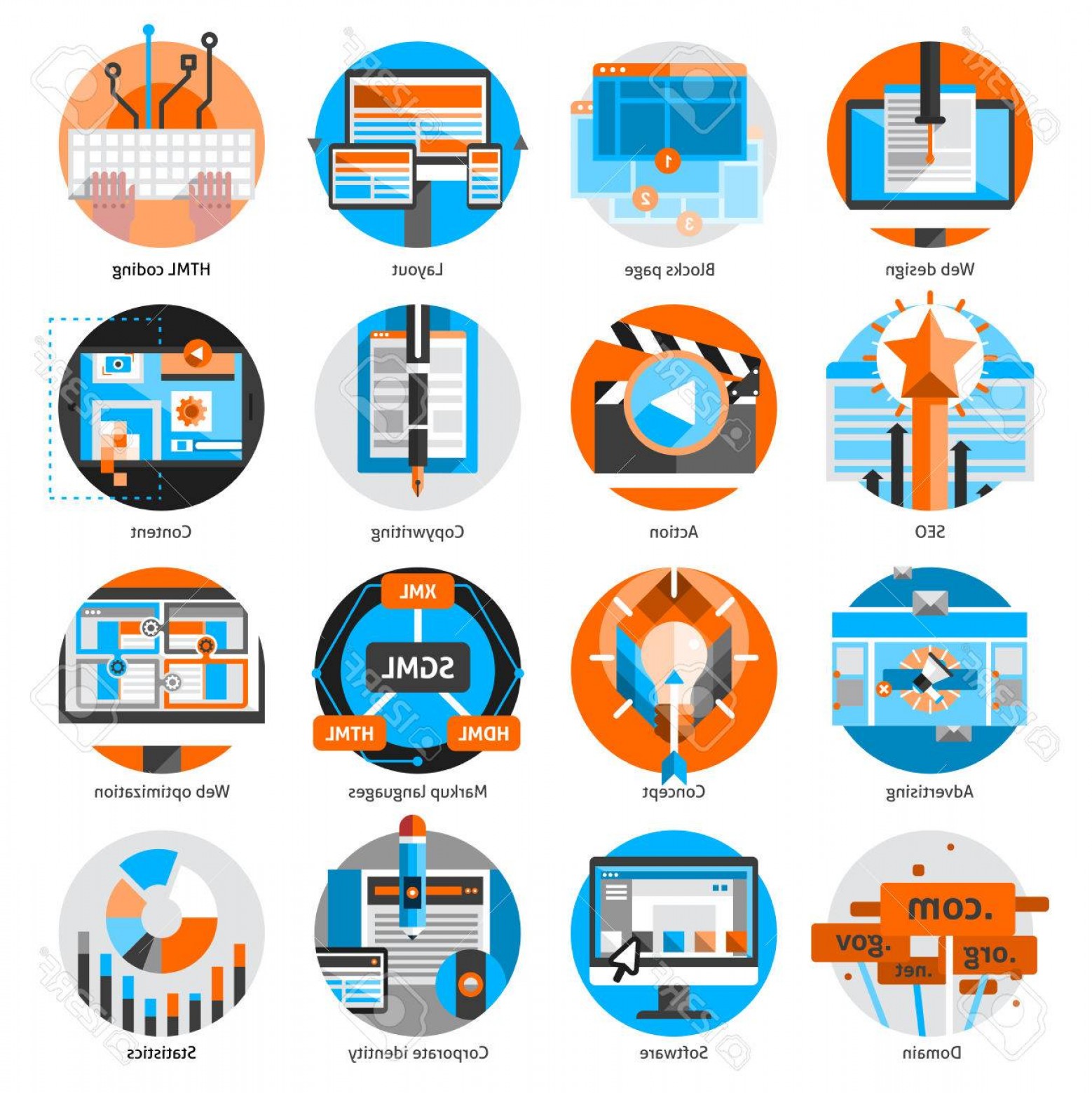 1558x1560 Photostock Vector Creative Online Work Round Icons Set
