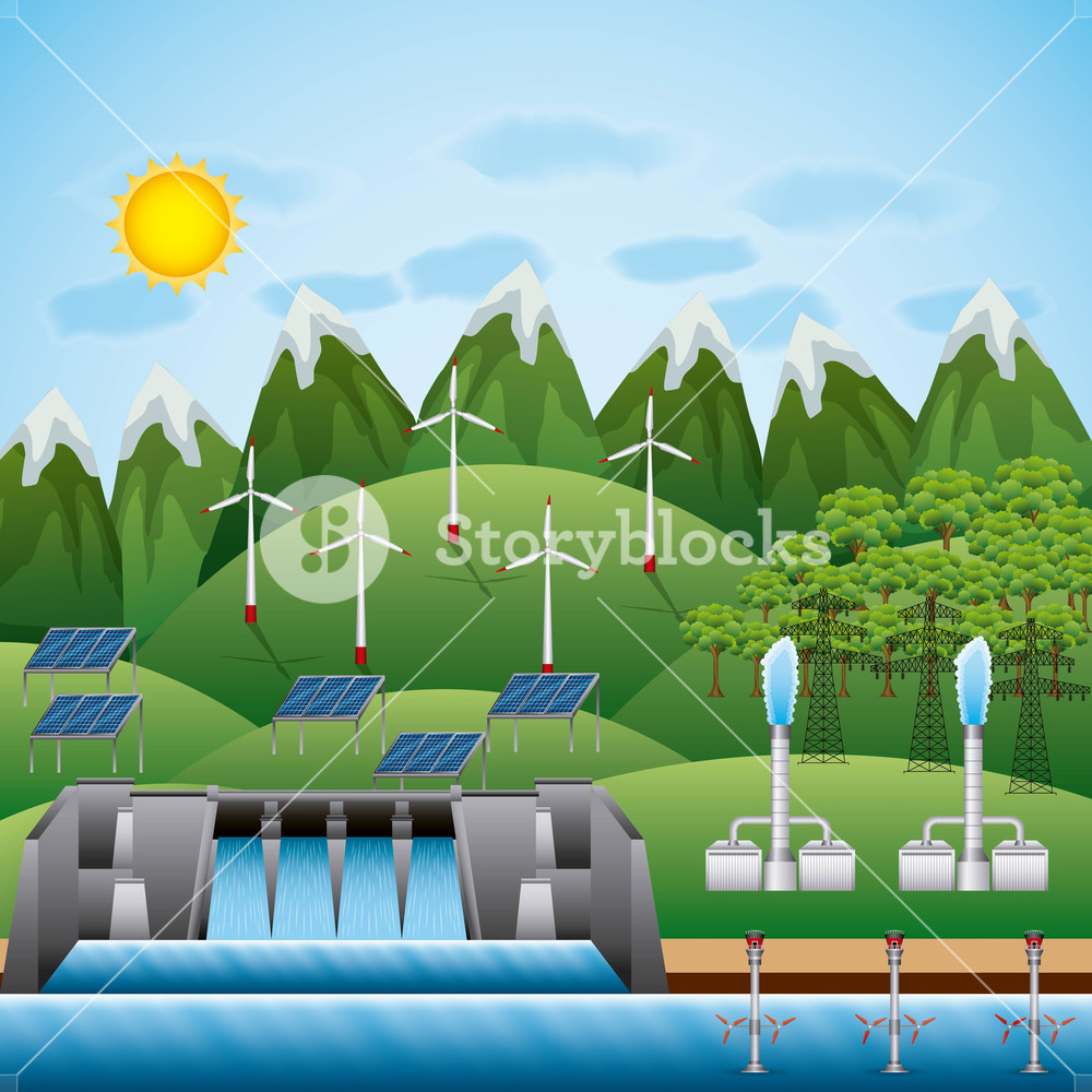 1000x1000 Energy Types Landscape Hydro Dam Turbine Geothermal Panel Solar