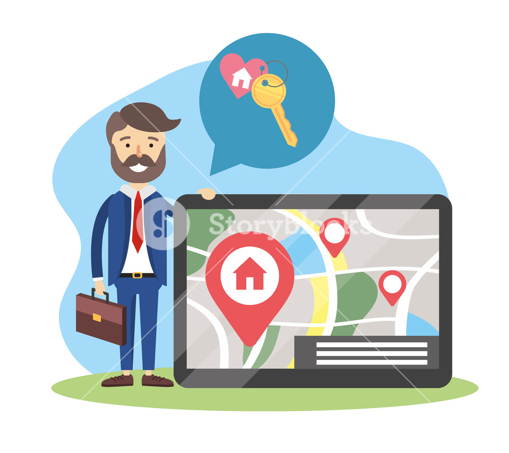 1000x890 Businessman With Tablet And Map Location To House Sold Vector