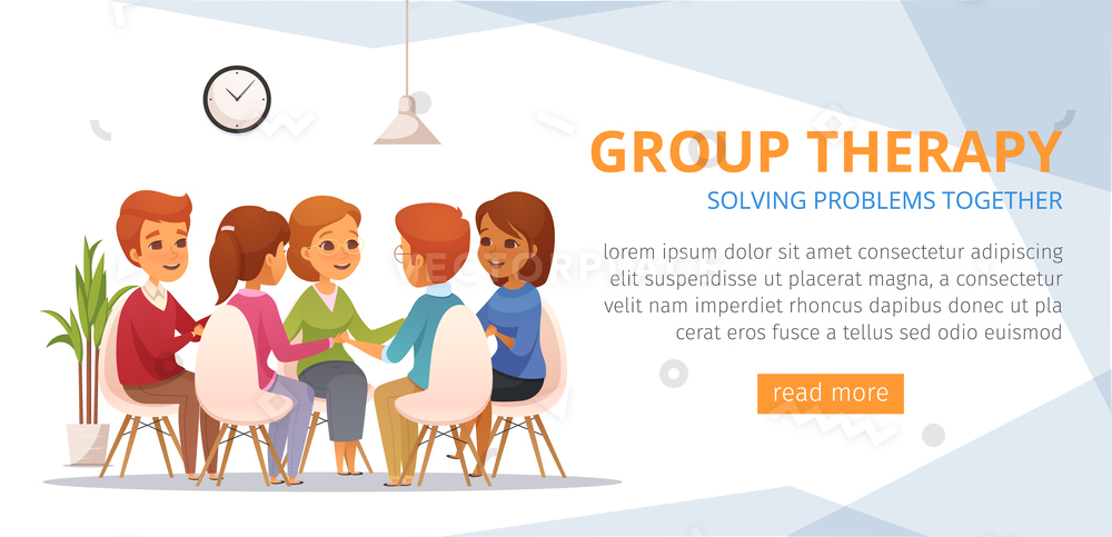 1000x483 Group Therapy Cartoon Banner Solving Problems Vector Illustration