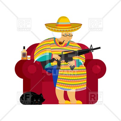 400x400 Mexican Grandmother With Gun, Sombrero And Poncho Vector Image