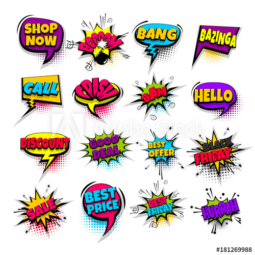 500x500 Sale, Bang, Boom, Price, Offer Set Lettering Comics Book Balloon