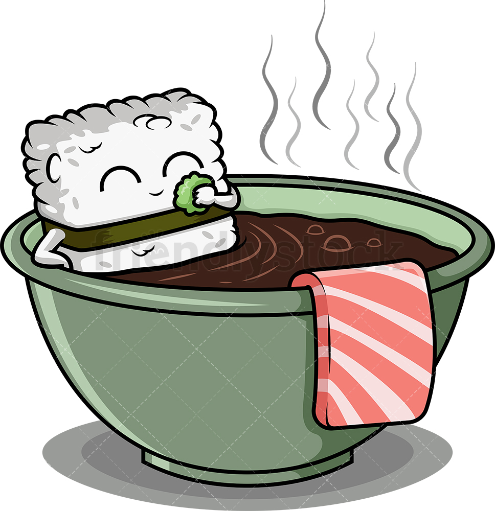 968x1000 Sushi Character Bathing In Soup Bowl Cartoon Clipart Vector