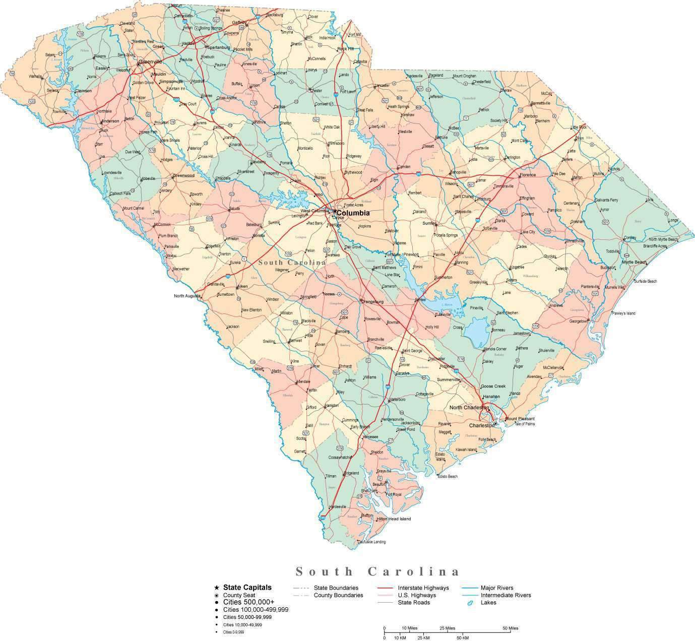 1379x1272 South Carolina Digital Vector Map With Counties, Major Cities