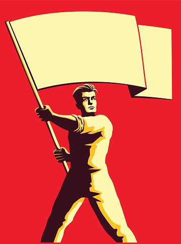 358x481 Vintage Soviet Propaganda Style Man Holding Blank Flag Vector