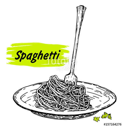 484x500 Pasta On Fork And Plate Spaghetti Vector Vintage Black