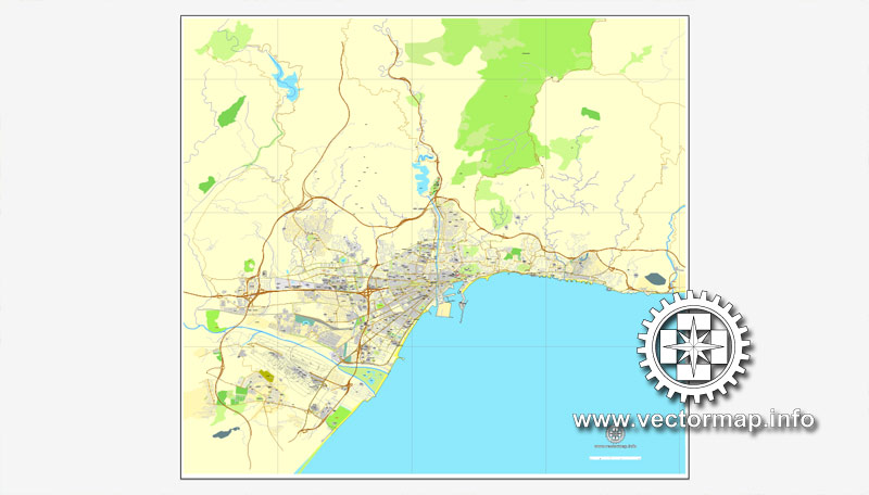 800x456 Malaga, Spain, Printable Vector Street City Plan Map, Full Editable