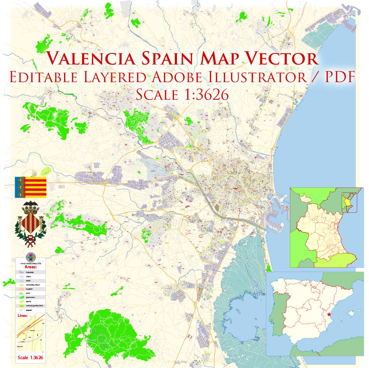 755x752 Valencia Spain Map Vector Exact City Plan High Detailed Street