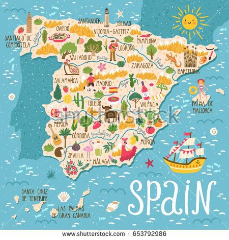 450x470 Vector Stylized Map Of Spain Travel Illustration With Spanish