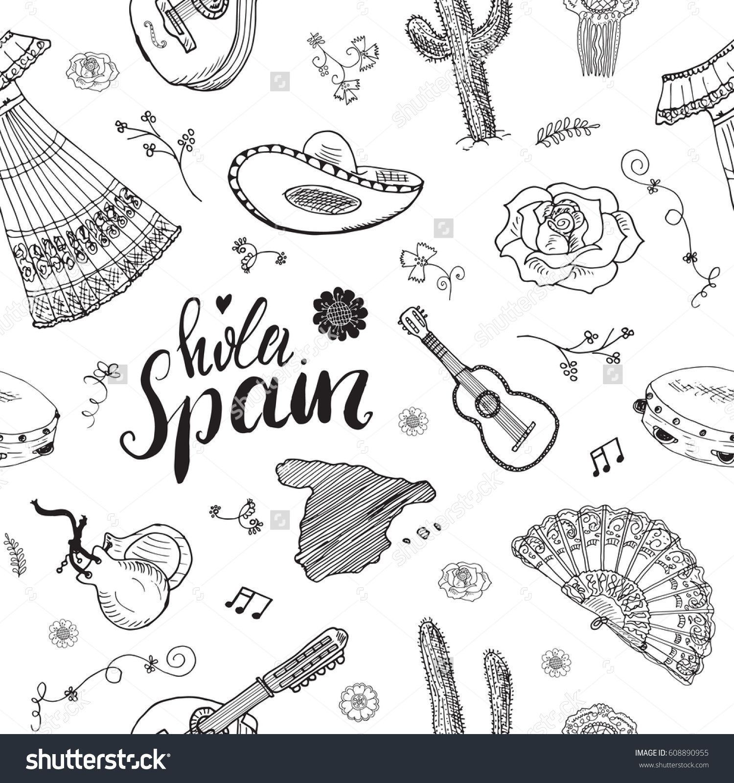 Spain Seamless Pattern Doodle Elements, Hand Drawn Sketch Spanish 1500x1600 Spain Seamless Pattern Doodle Elements, Hand Drawn Sketch Spanish