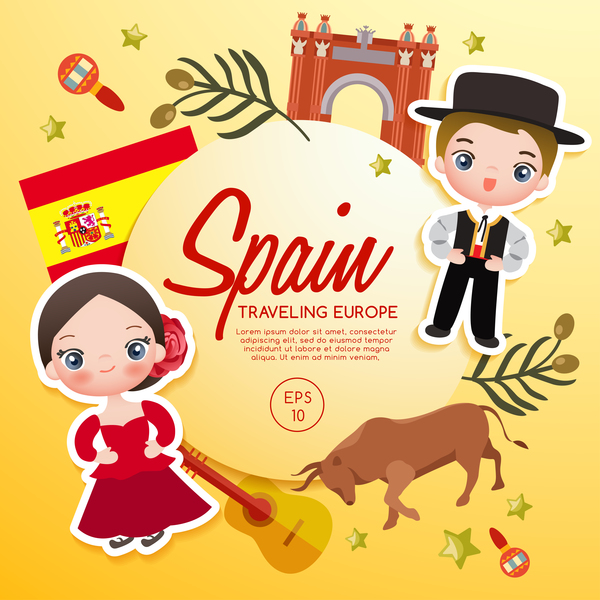 Spain Travel Cartoon Template Vector Free Download 600x600 Spain Travel Cartoon Template Vector Free Download