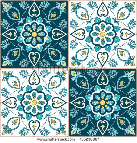 450x470 Portuguese Tile Pattern Vector With Baroque Floral Ornament Motifs