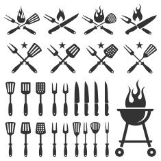 235x235 Summer Barbecue Grill Knife And Spatula Vector Icon Set Vector Art