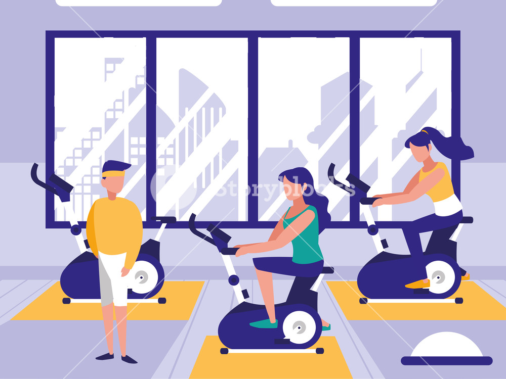 1000x750 People Riding Spinning Bicycle In Sport Gym Vector Illustration