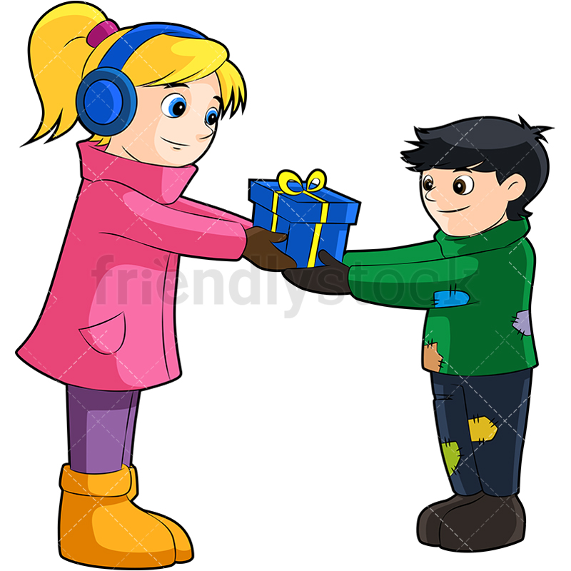 800x800 Little Girl Donating Present To Poor Boy Cartoon Vector Clipart