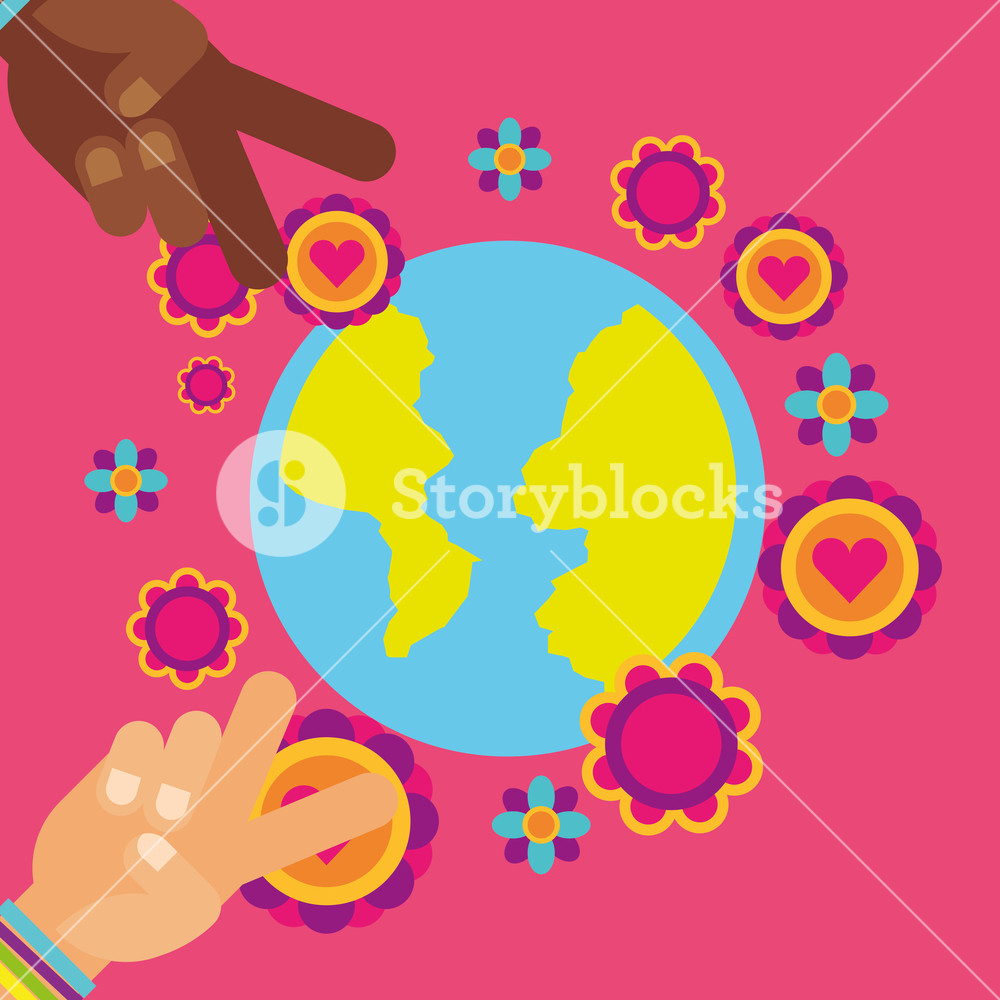 1000x1000 Hippie World Hands Flowers Vintage Free Spirit Vector Illustration