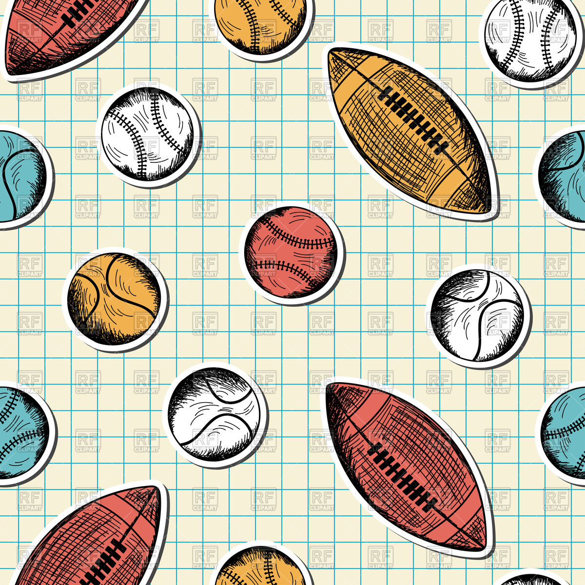 1200x1200 Seamless Pattern With Hand Drawn Sports Balls On Checkered