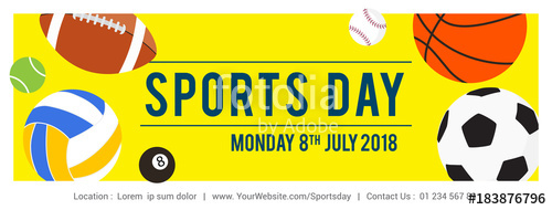 500x190 Sports Day Banner Vector Illustration, Sport Equipment On Yellow