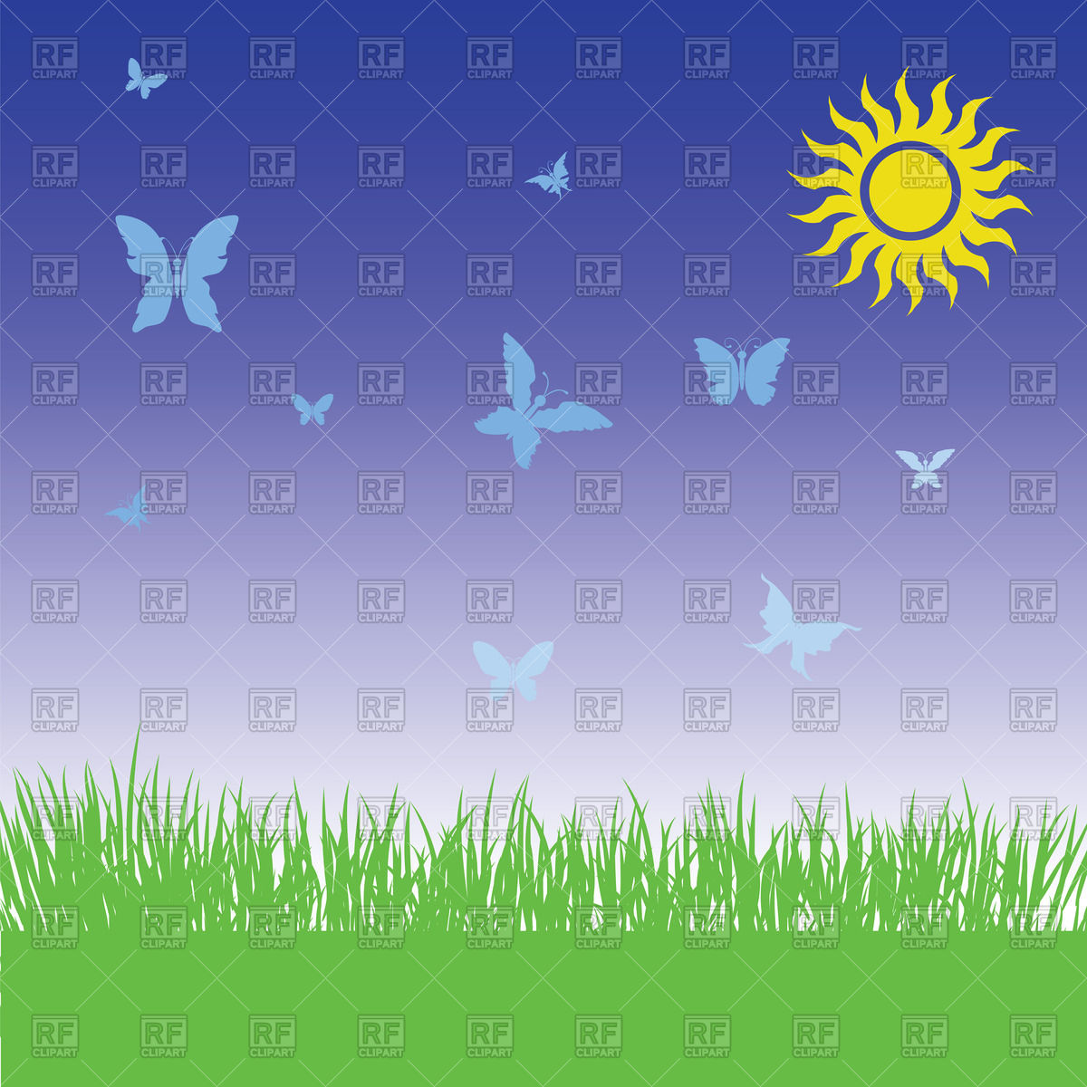 1200x1200 Sun, Grass And Butterflies On Spring Background Vector Image