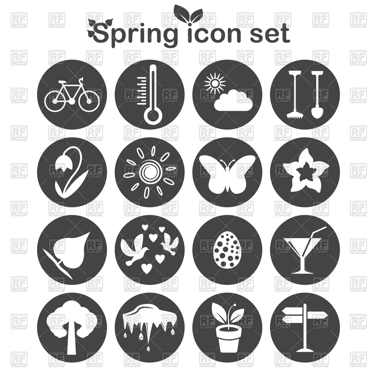 1200x1200 Spring Icons Set On Dark Round Pads Vector Image Of Icons